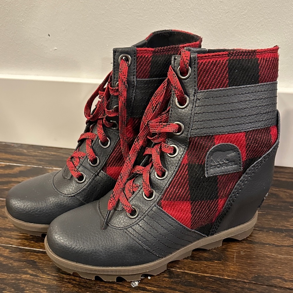 Sorel Red and Black Plaid Lace-Up Wedge Ankle Boots